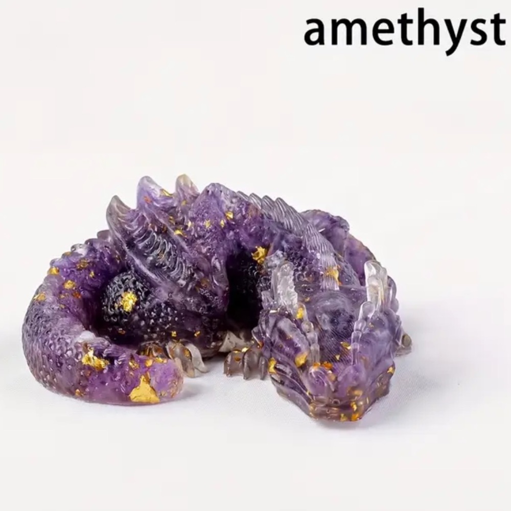 Amethyst Gemstone and Gold Flake Dragon Resin Figurine